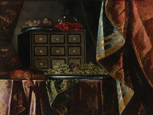 Natura Morta di un Baule, Frutta e Altri Oggetti su un Tavolo Rivestito di Broccato da Carlo Manieri